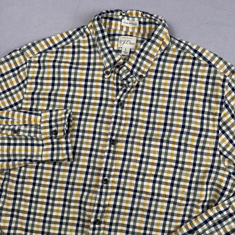 J. Crew Mens Slim Untucked Brushed Twill Plaid Shirt L Navy Yellow Green AZ548